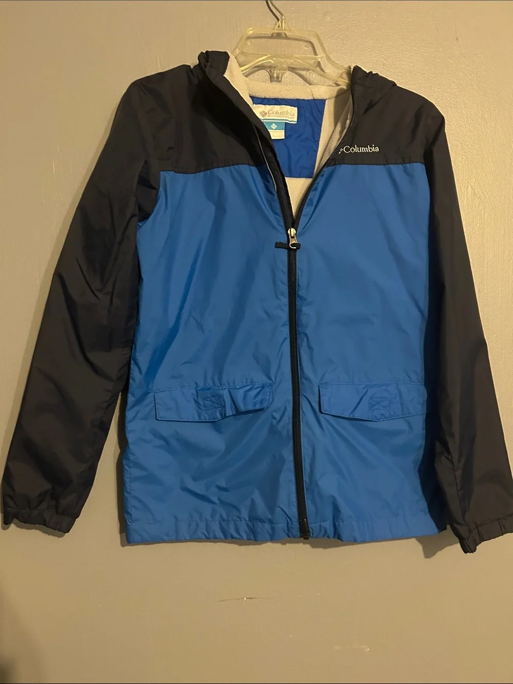 Columbia Kids Blue and Black Hooded Rain Jacket